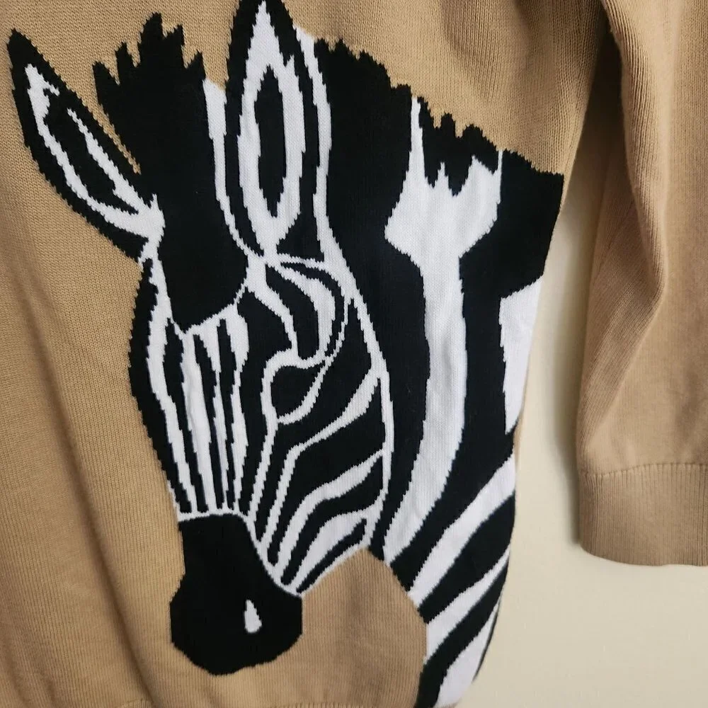 Talbots Crewneck Zebra Print Beige Sweater Size XS